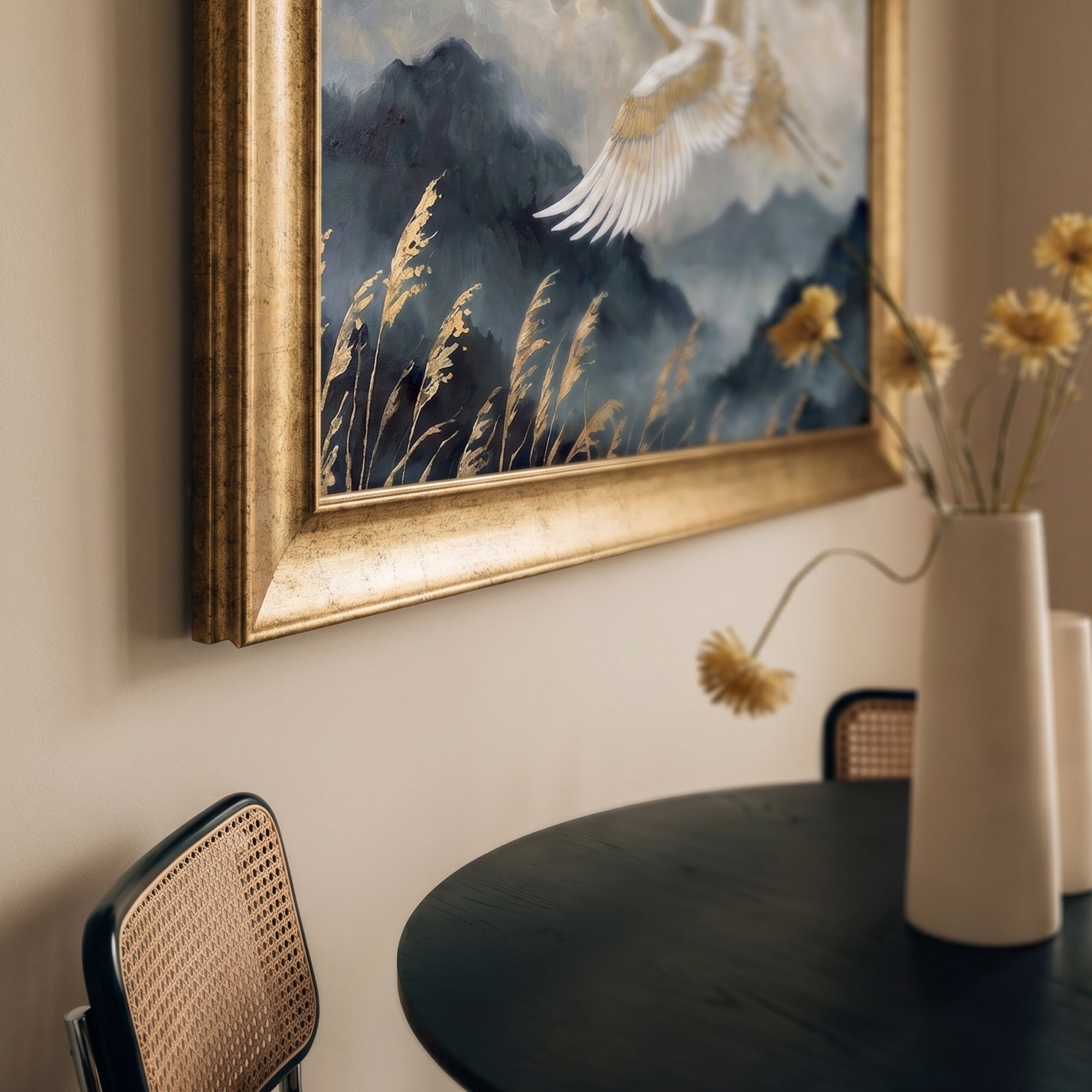 Flying Crane Canvas Wall Art – Elegant Mountain Landscape Painting with Gold Accents