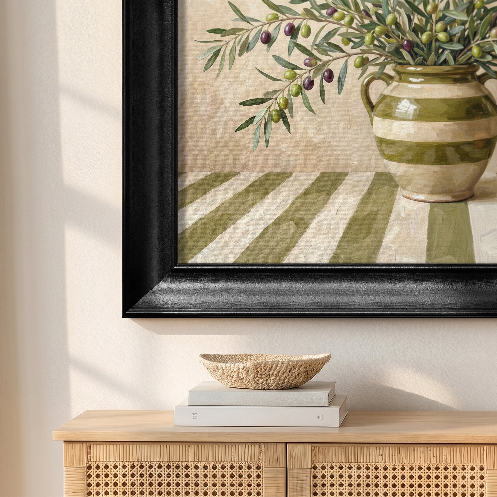 Olive Branches and Striped Vase Framed Canvas Print
