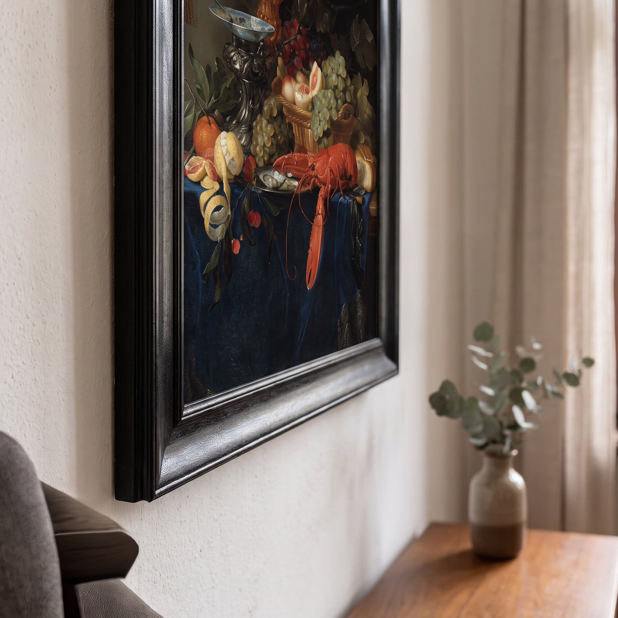 Luxury Still Life Canvas Wall Art – Lobster, Grapes and Fruit Vintage Painting Print