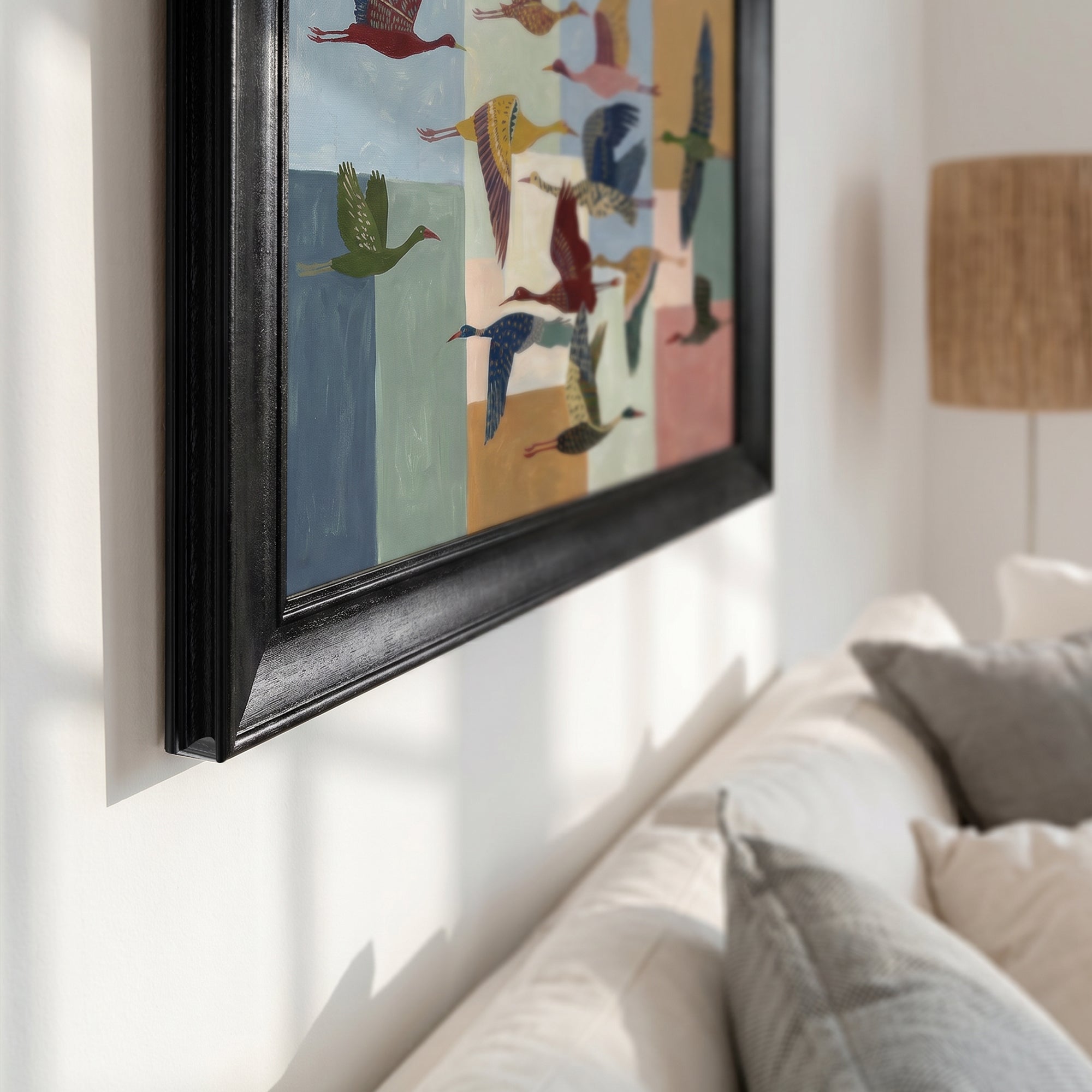 Color Blocks and Flying Birds Framed Canvas Print