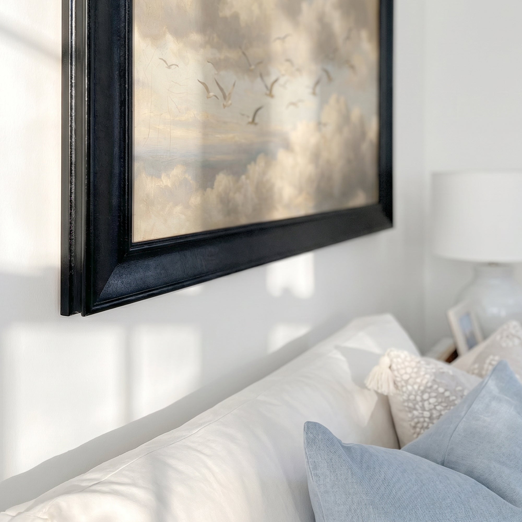 Clouds and Flying Seagulls Framed Canvas Print