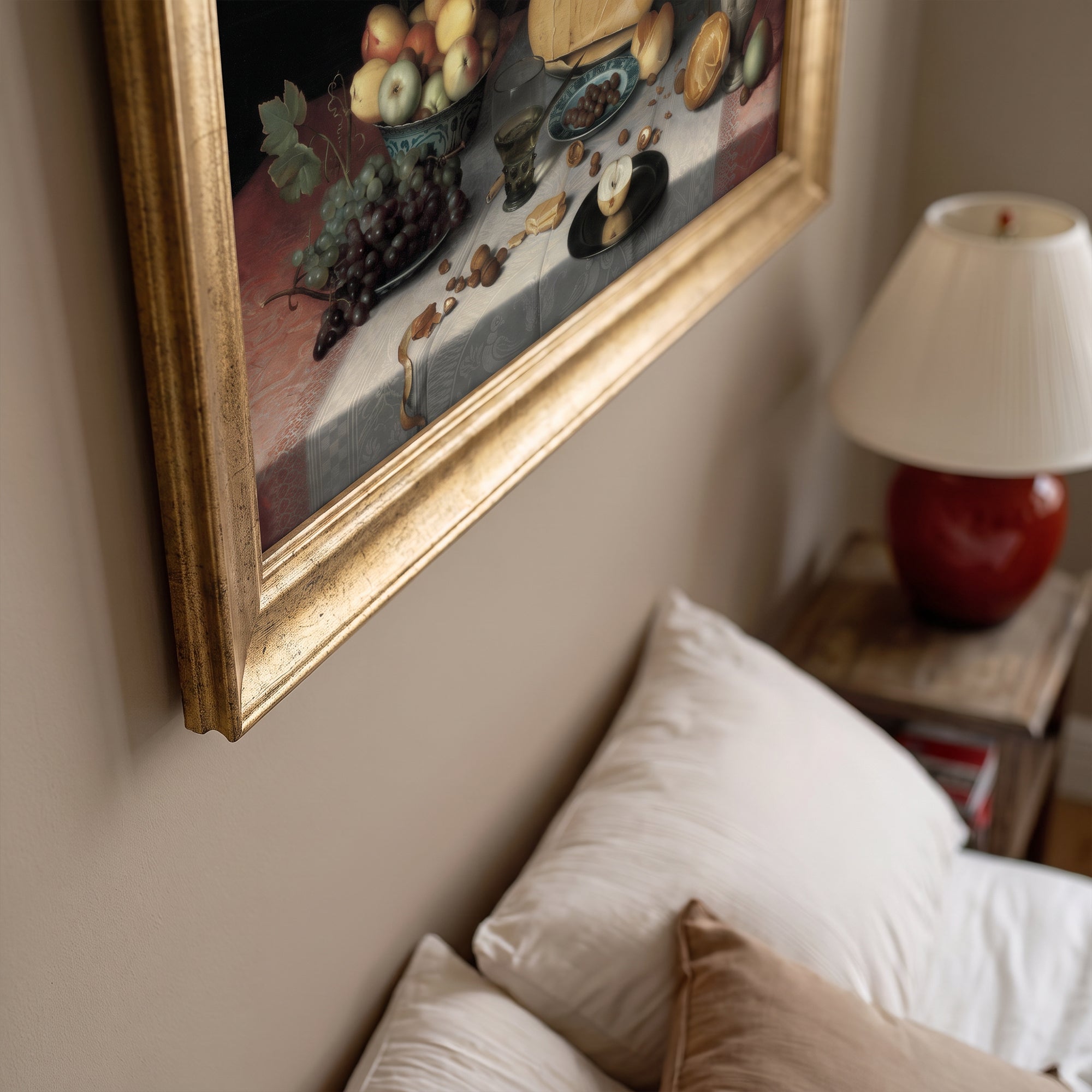 Vintage Still Life Canvas Wall Art – Fruit, Cheese and Table Setting Painting Print