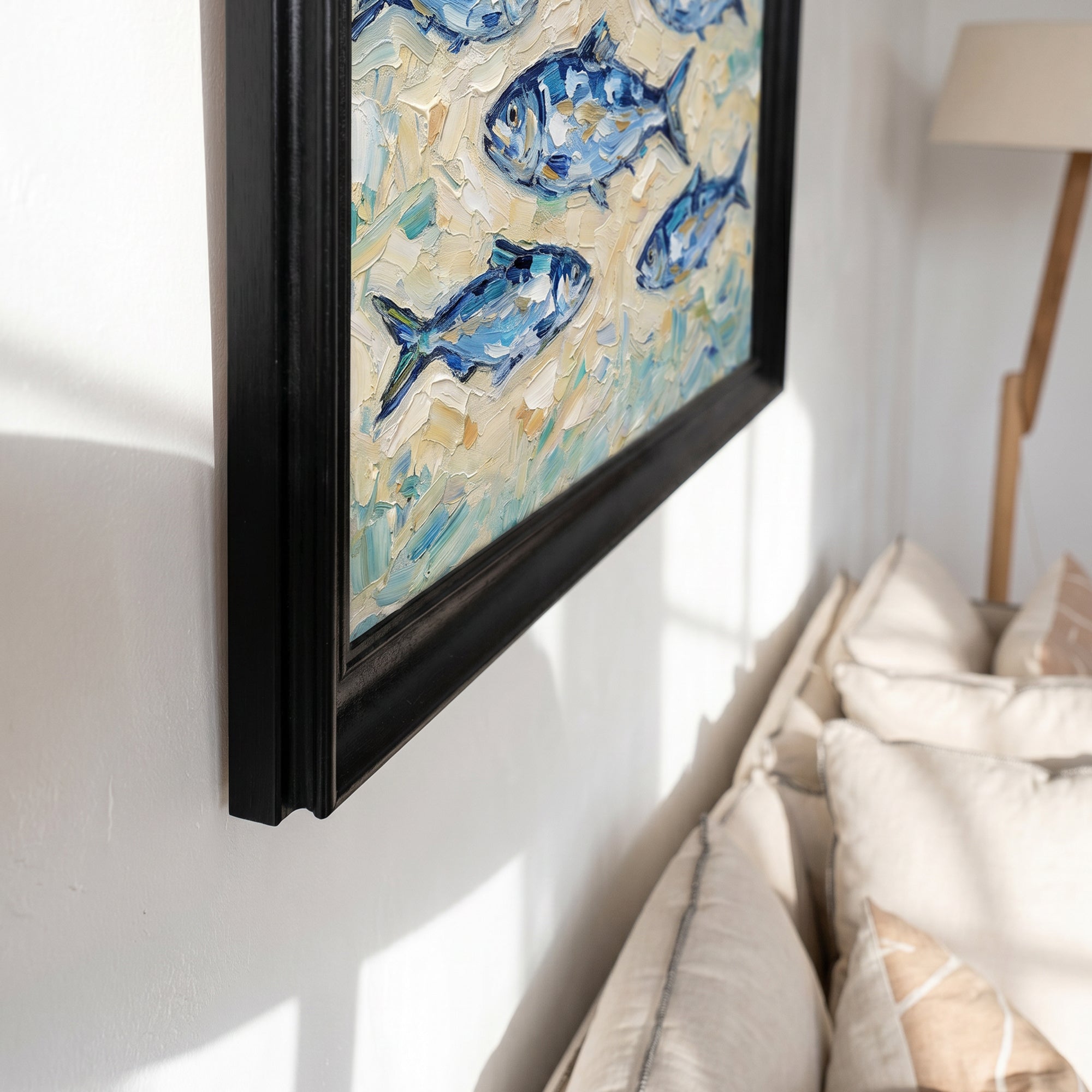 Blue Fishes Impasto Framed Canvas Print