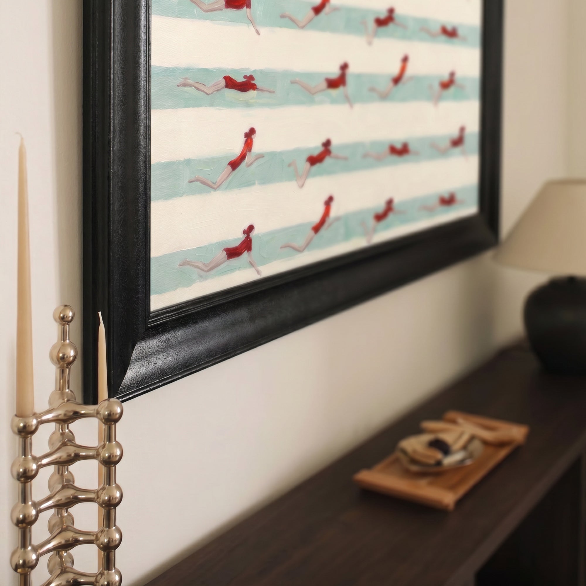 Red Swimmers Canvas Wall Art – Striped Pool Painting for Modern Summer Decor