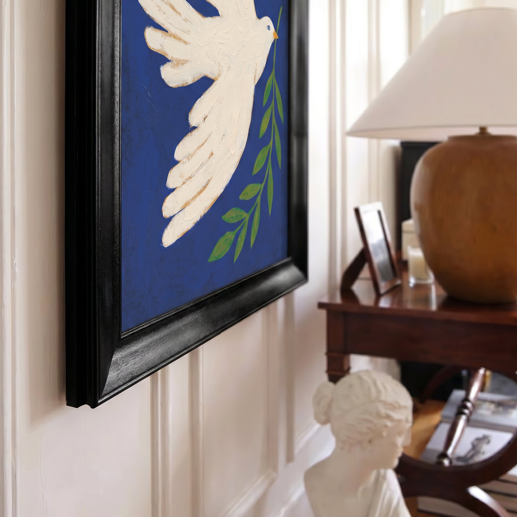 White Dove with Olive Branch Canvas Wall Art – Blue Peace Symbol Painting