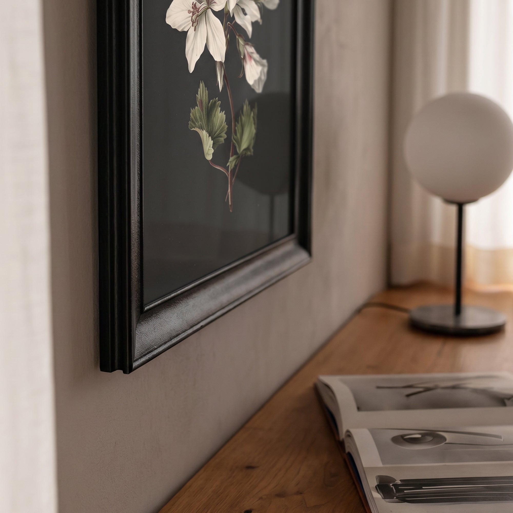 White Geranium Flower Canvas Wall Art – Dark Background Botanical Print for Elegant Decor
