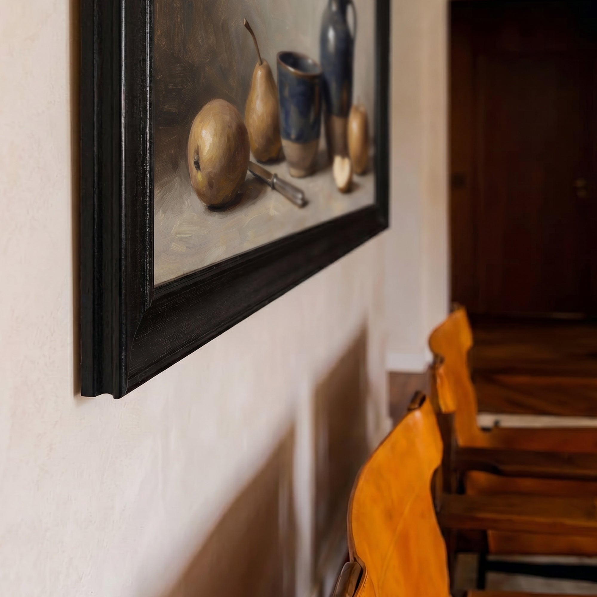 Rustic Kitchen Still Life Canvas Wall Art – Vintage Fruit and Blue Pottery Painting