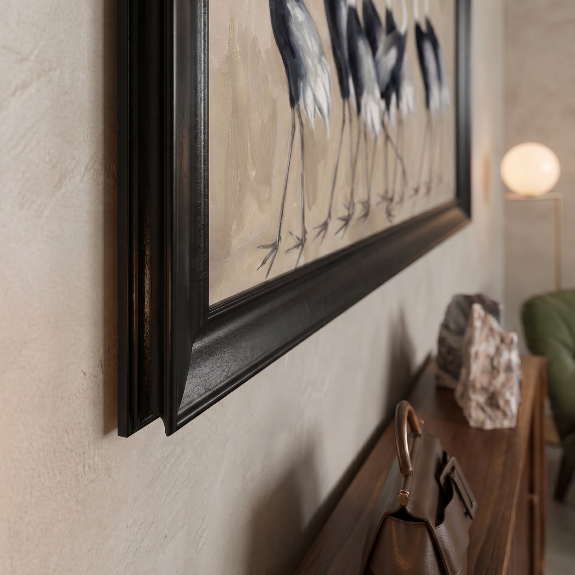 Elegant Crane Canvas Wall Art – Neutral Bird Painting for Sophisticated Interiors