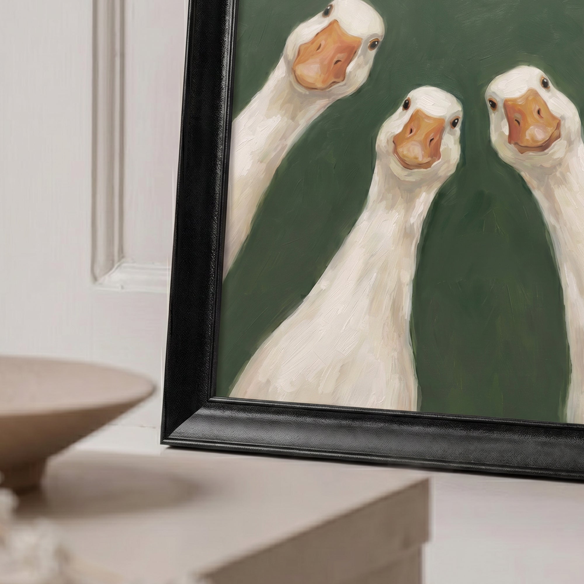 Three White Ducks Canvas Wall Art – Playful Animal Painting for Farmhouse and Modern Decor