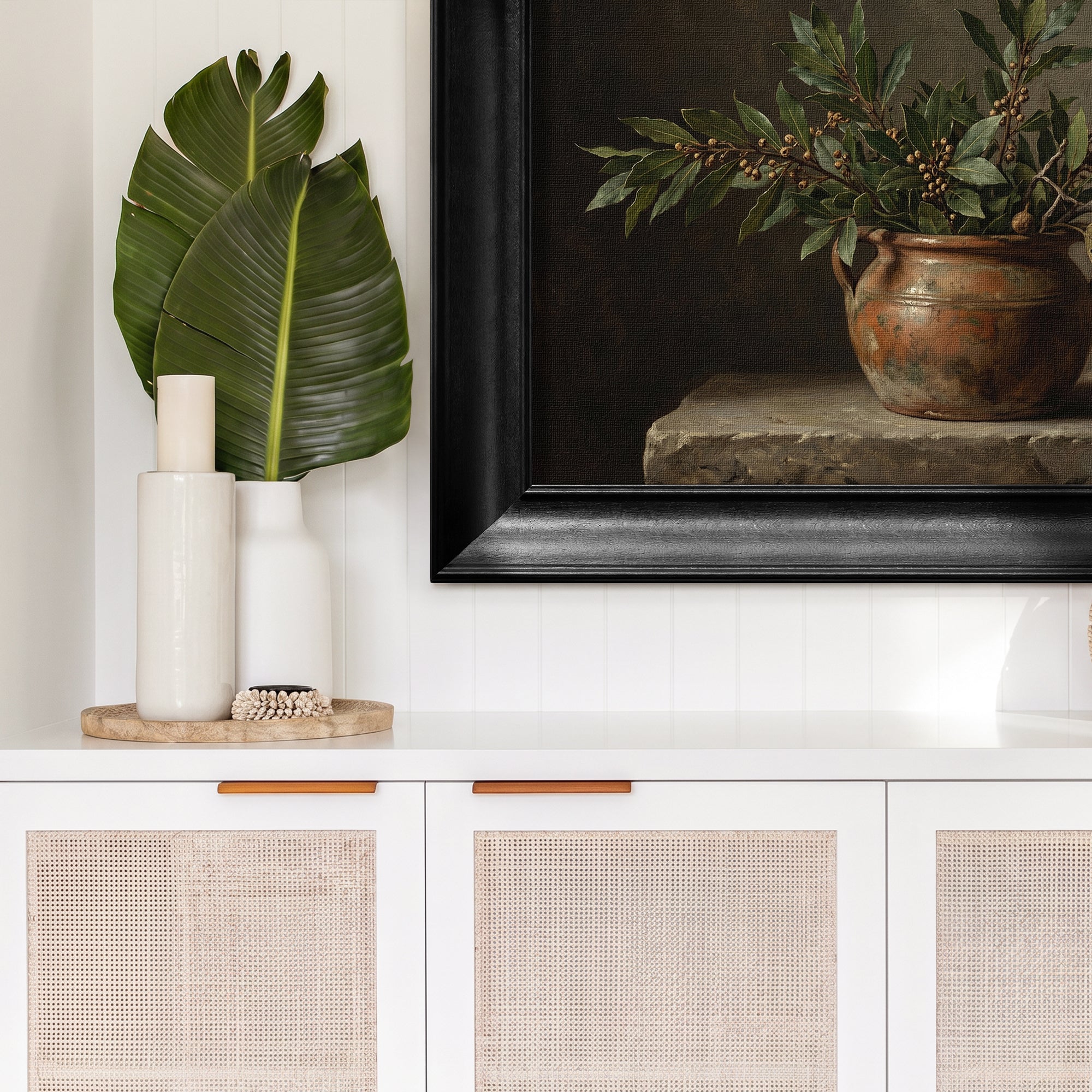 Classic Pot and Leaves Still Life Framed Canvas Print