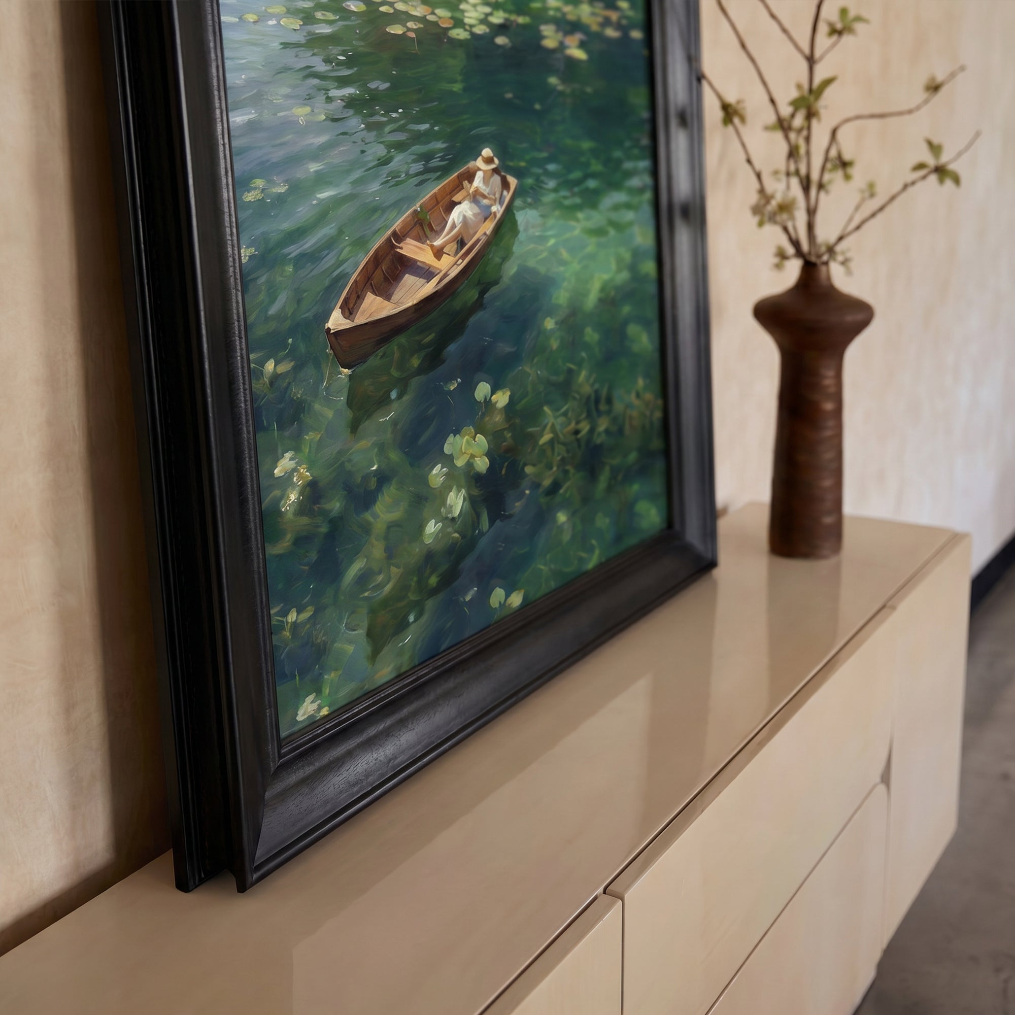 Boat on Green Lake Canvas Wall Art – Peaceful Water Landscape Painting for Serene Decor