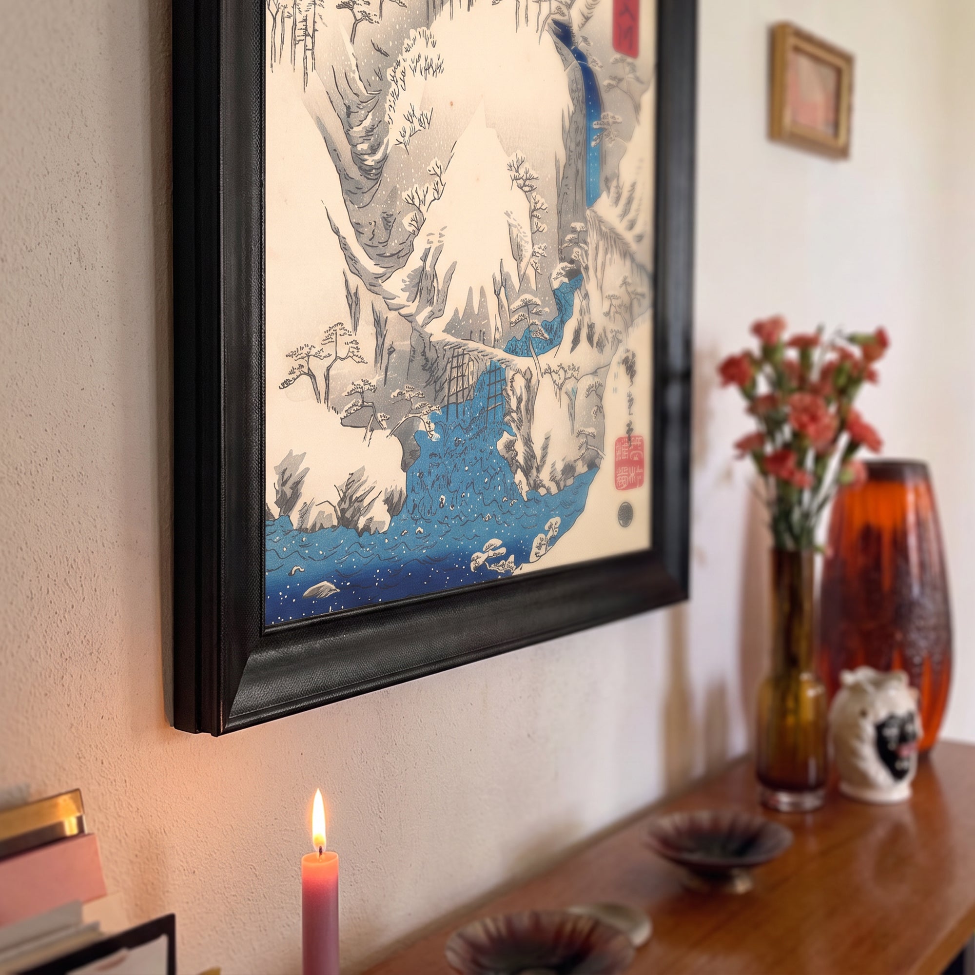 Japanese Snowy Waterfall Canvas Wall Art – Vintage Ukiyo-e Winter Landscape Print