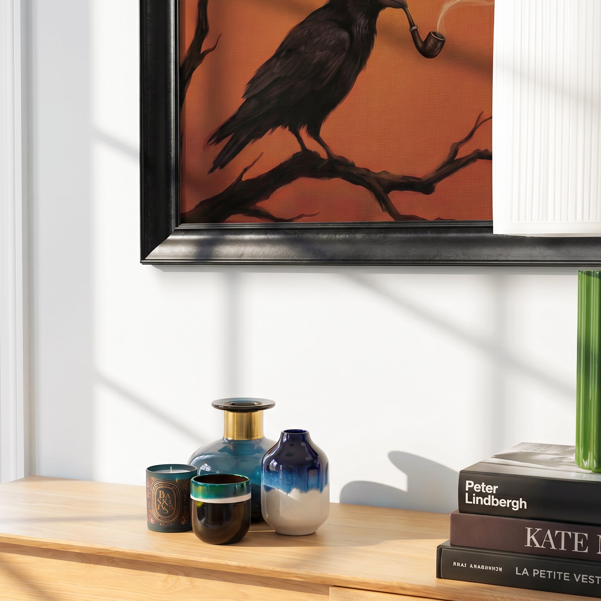 Raven Smoking a Pipe Framed Canvas Print