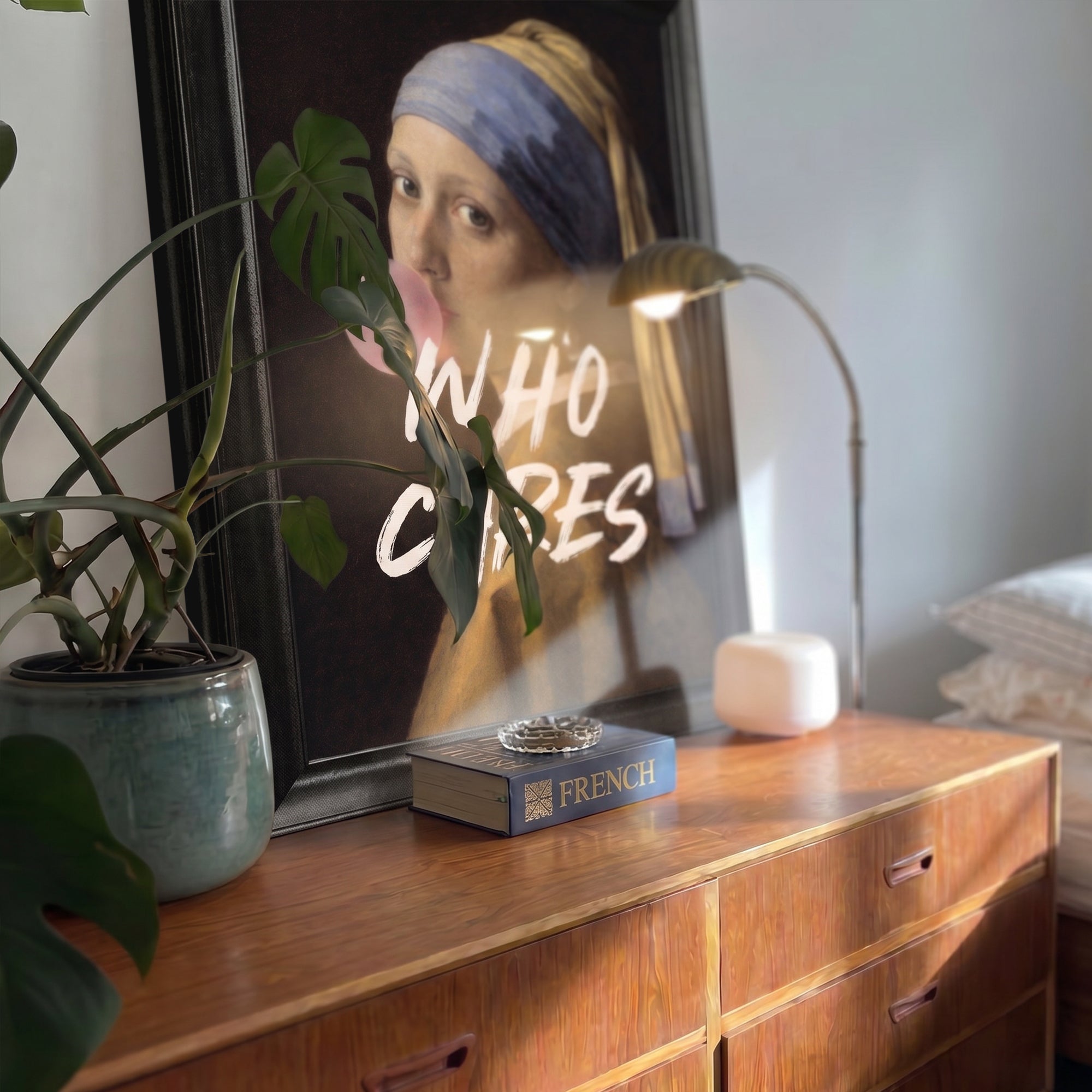 "WHO CARES" Girl with a Pearl Earring Framed Canvas Print