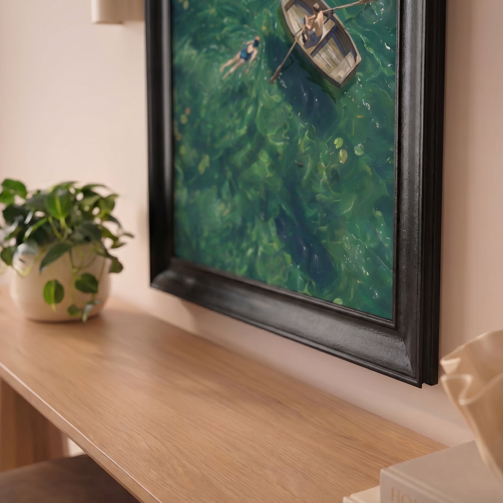 Rowboat and Swimmer Canvas Wall Art – Green Water Summer Landscape Painting