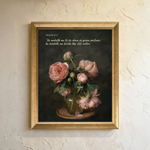 Pink Peonies Still Life scripture canvas print in a gold frame on a textured cream wall