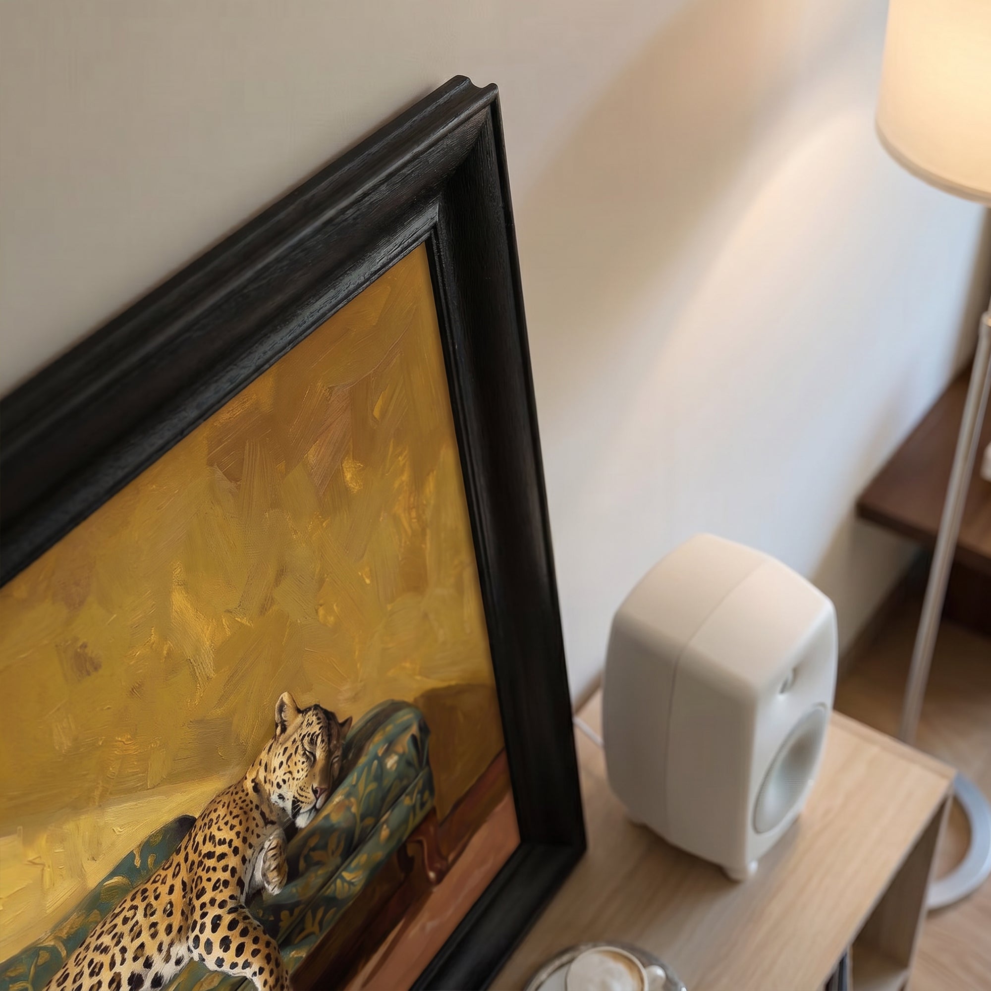 Leopard Sleeping on Couch Framed Canvas Print