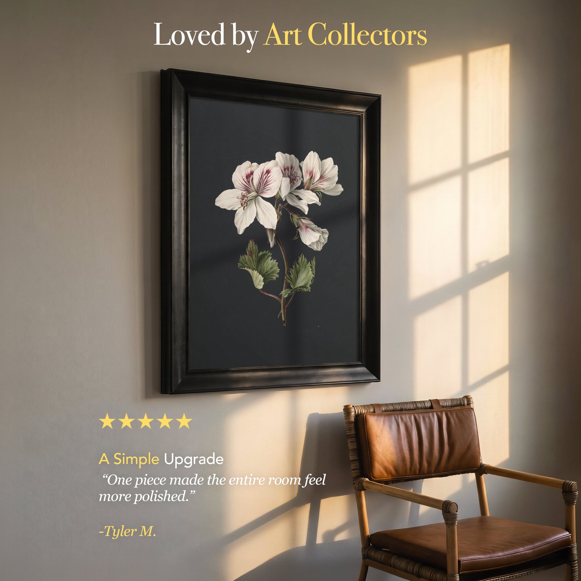 White Geranium Flower Canvas Wall Art – Dark Background Botanical Print for Elegant Decor