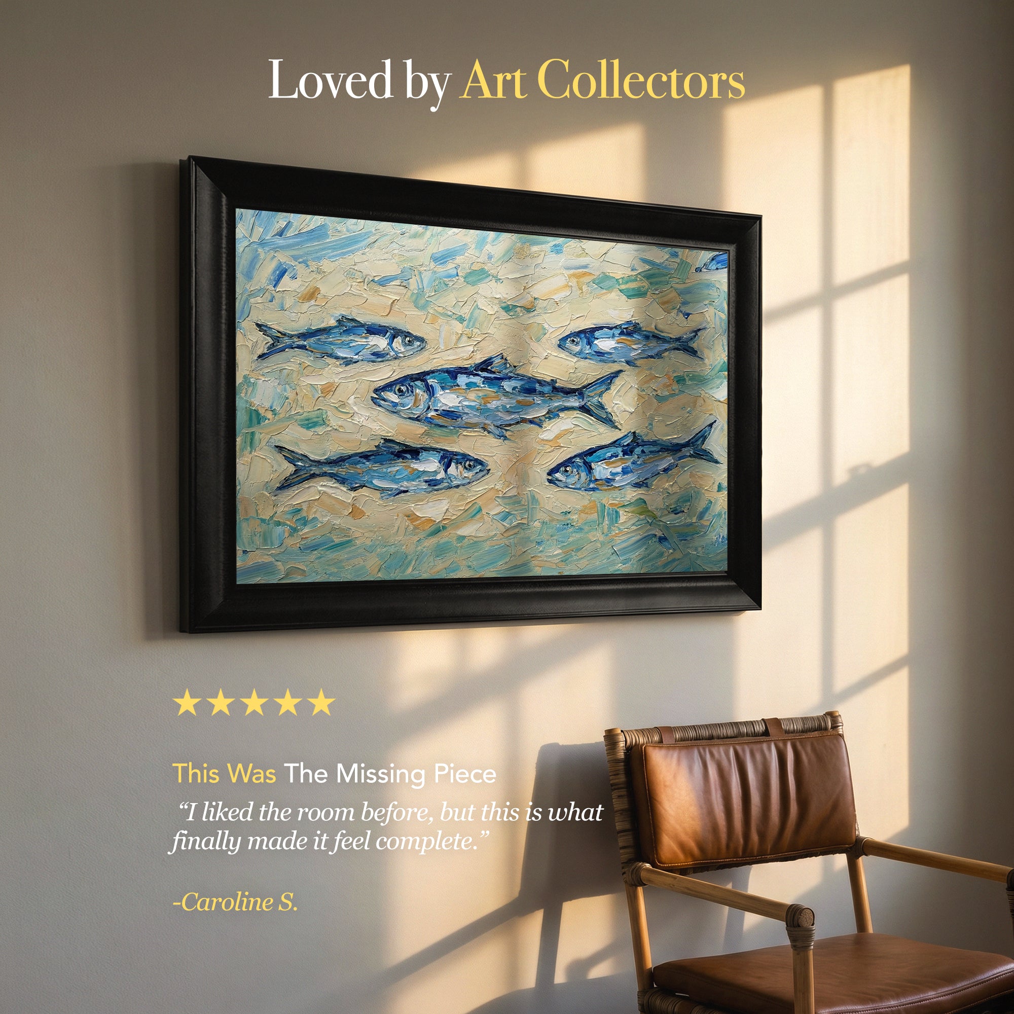 Blue Fishes Impasto Framed Canvas Print