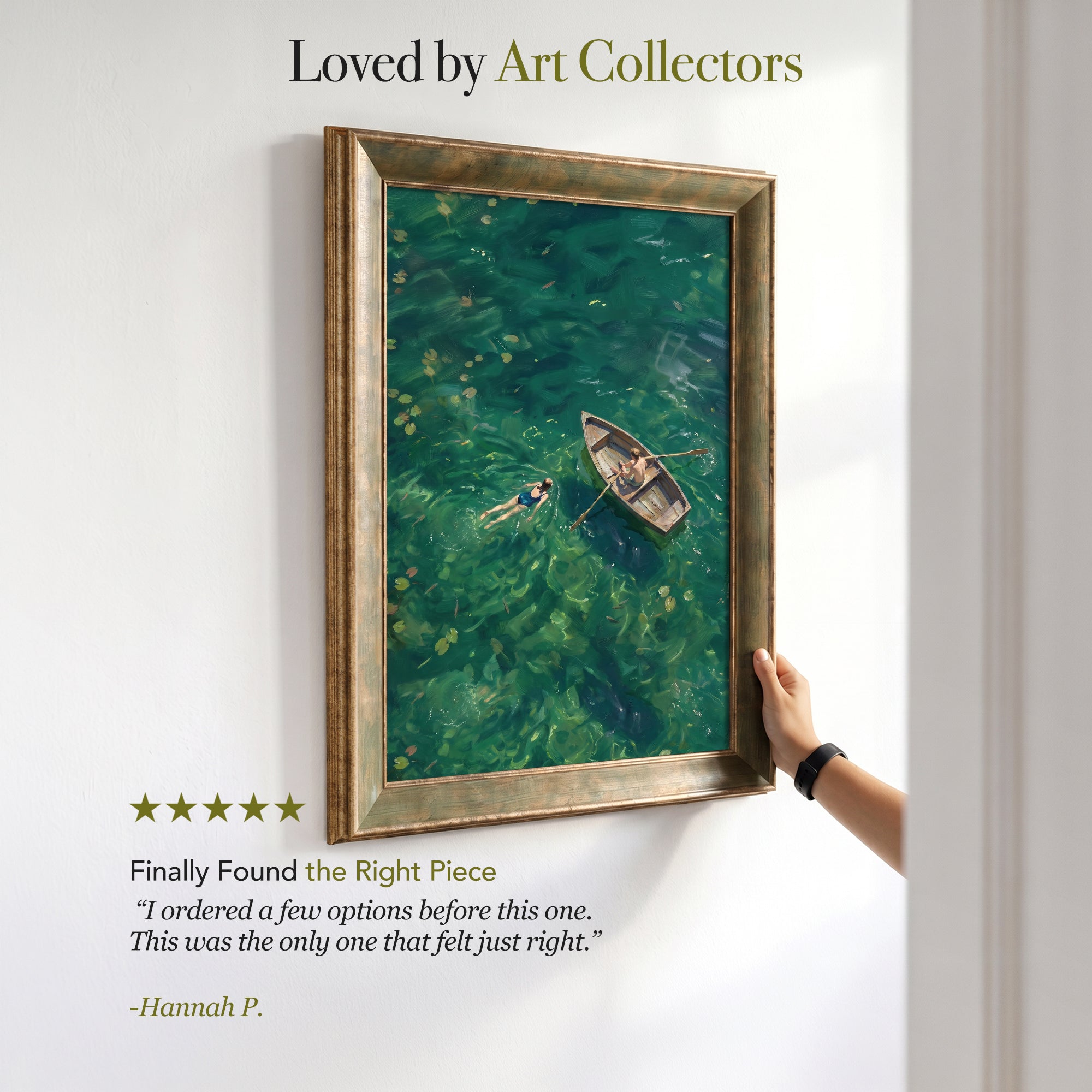 Rowboat and Swimmer Canvas Wall Art – Green Water Summer Landscape Painting