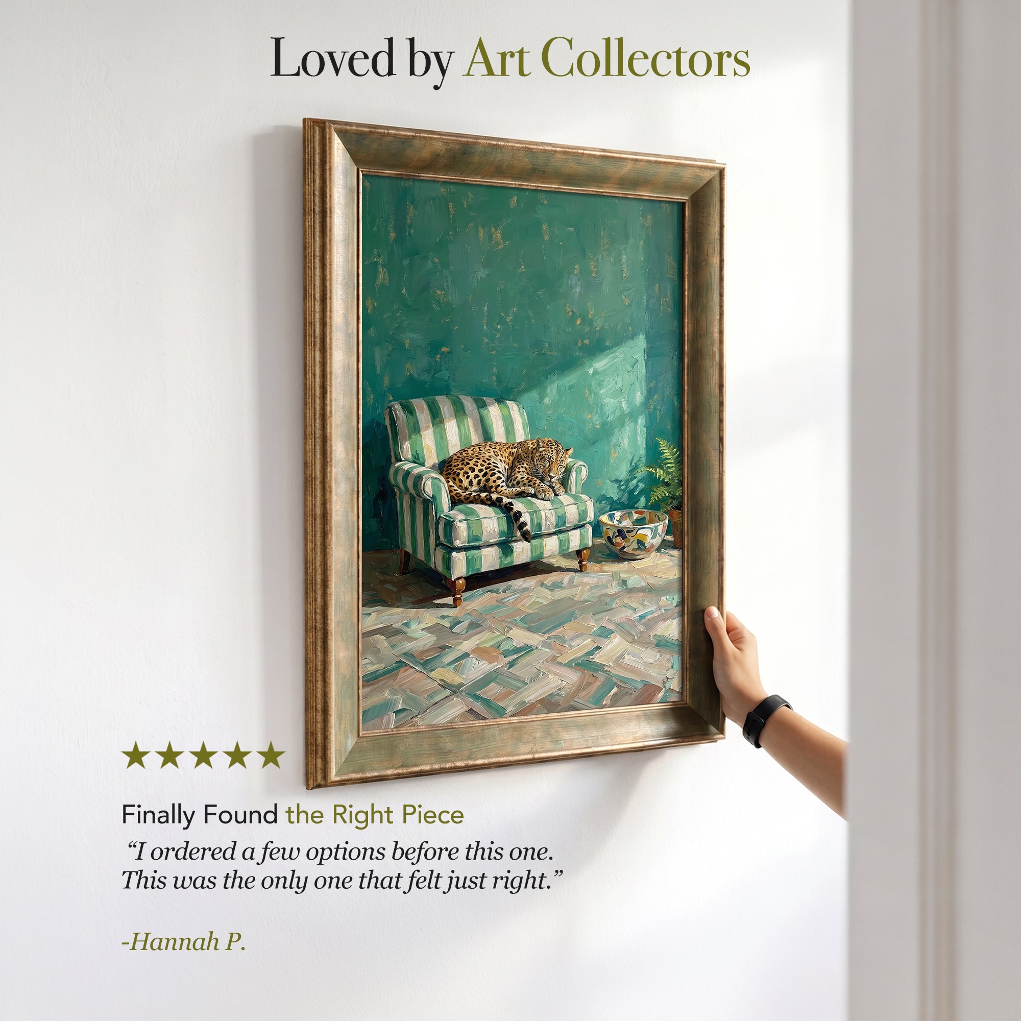Leopard on Green Striped Armchair Canvas Wall Art – Eclectic Wildlife Interior Painting