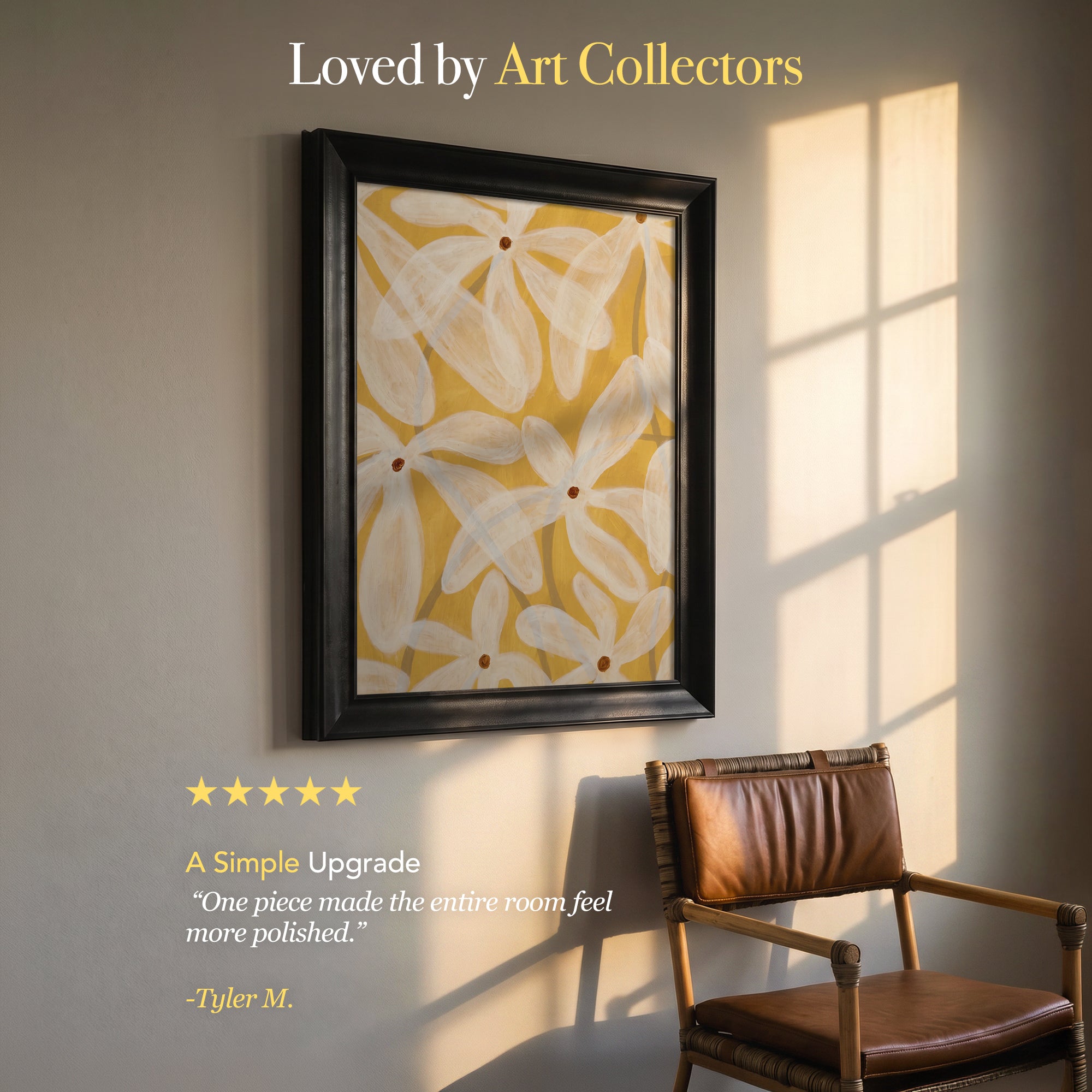 White Flowers on Yellow Background Canvas Wall Art – Modern Botanical Floral Painting