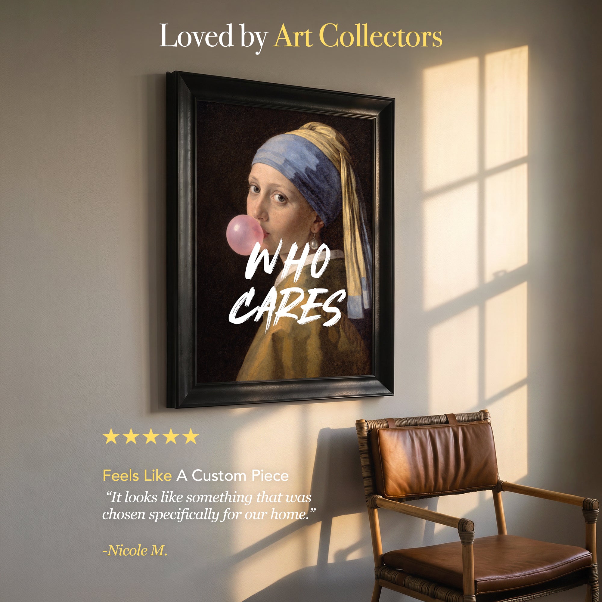 "WHO CARES" Girl with a Pearl Earring Framed Canvas Print