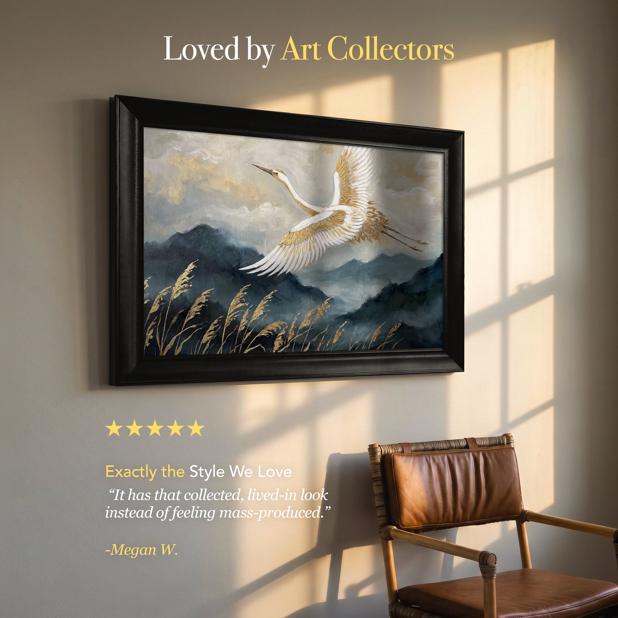 Flying Crane Canvas Wall Art – Elegant Mountain Landscape Painting with Gold Accents