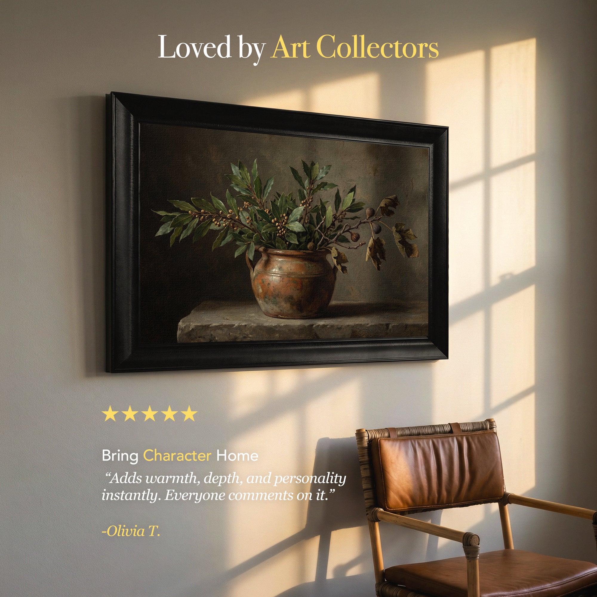 Classic Pot and Leaves Still Life Framed Canvas Print