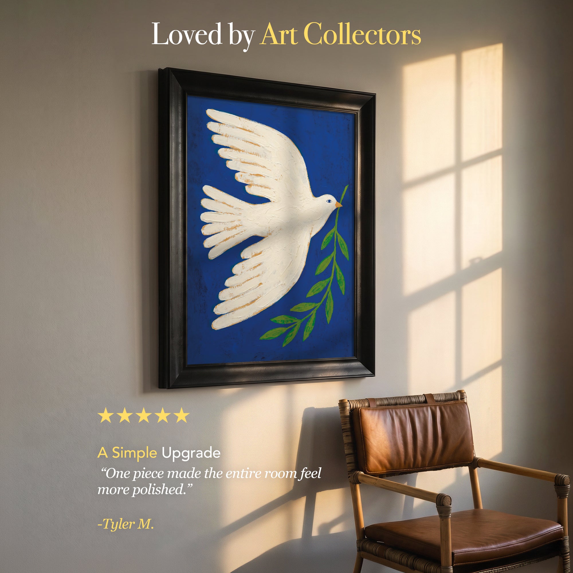 White Dove with Olive Branch Canvas Wall Art – Blue Peace Symbol Painting