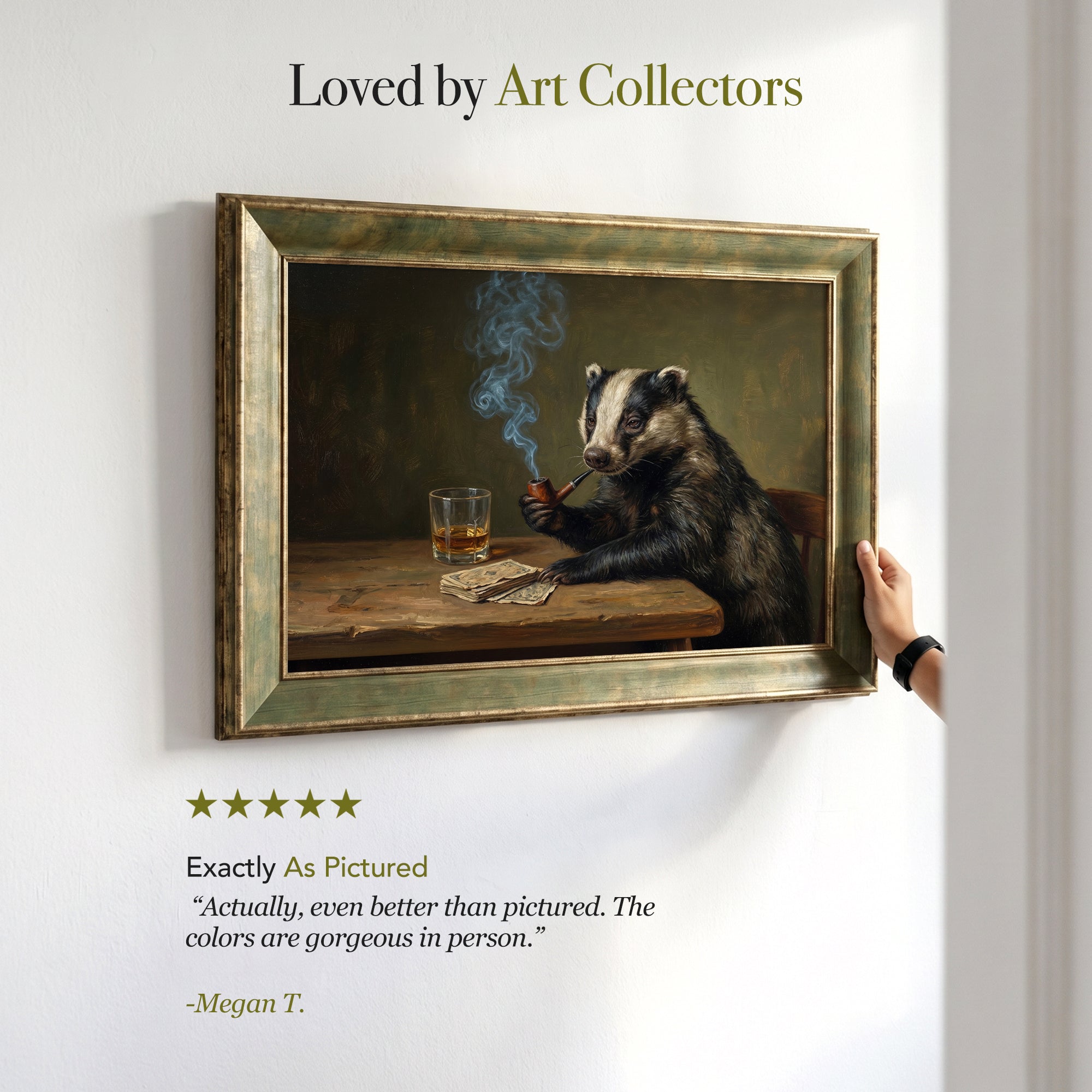Badger with Whiskey and Pipe on Table Framed Canvas Print