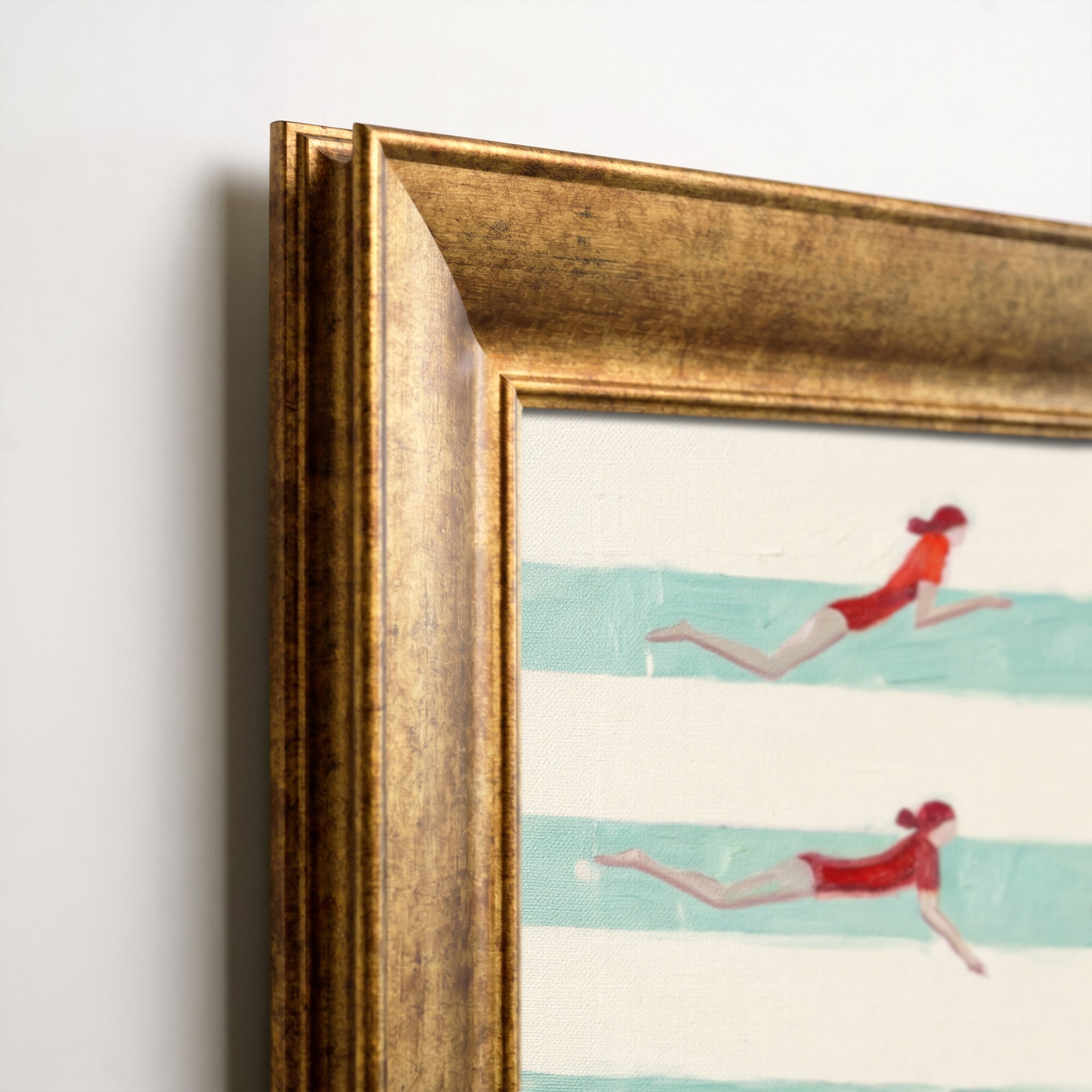 Red Swimmers Canvas Wall Art – Striped Pool Painting for Modern Summer Decor