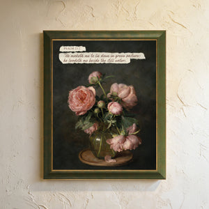 Pink Peonies Still Life scripture canvas print in an olive green frame on a textured cream wall