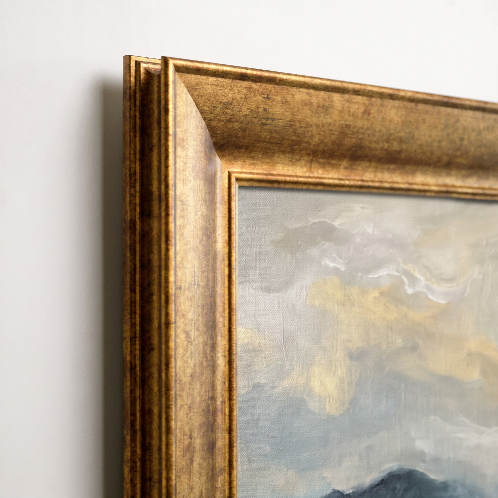 Flying Crane Canvas Wall Art – Elegant Mountain Landscape Painting with Gold Accents