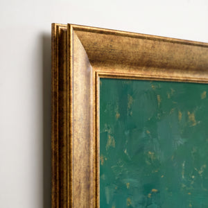 Leopard on Green Striped Armchair canvas print: close-up of the gold frame corner