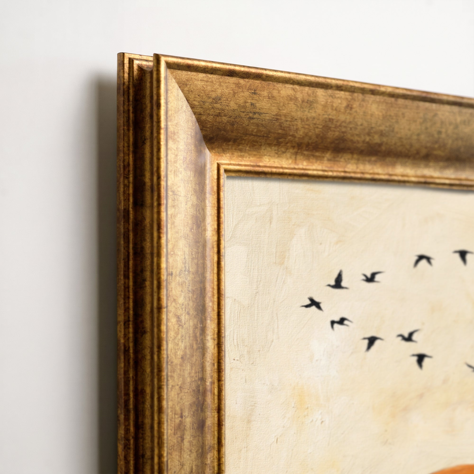 Golden Sunset and Flying Birds Canvas Wall Art – Minimalist Nature Landscape Painting