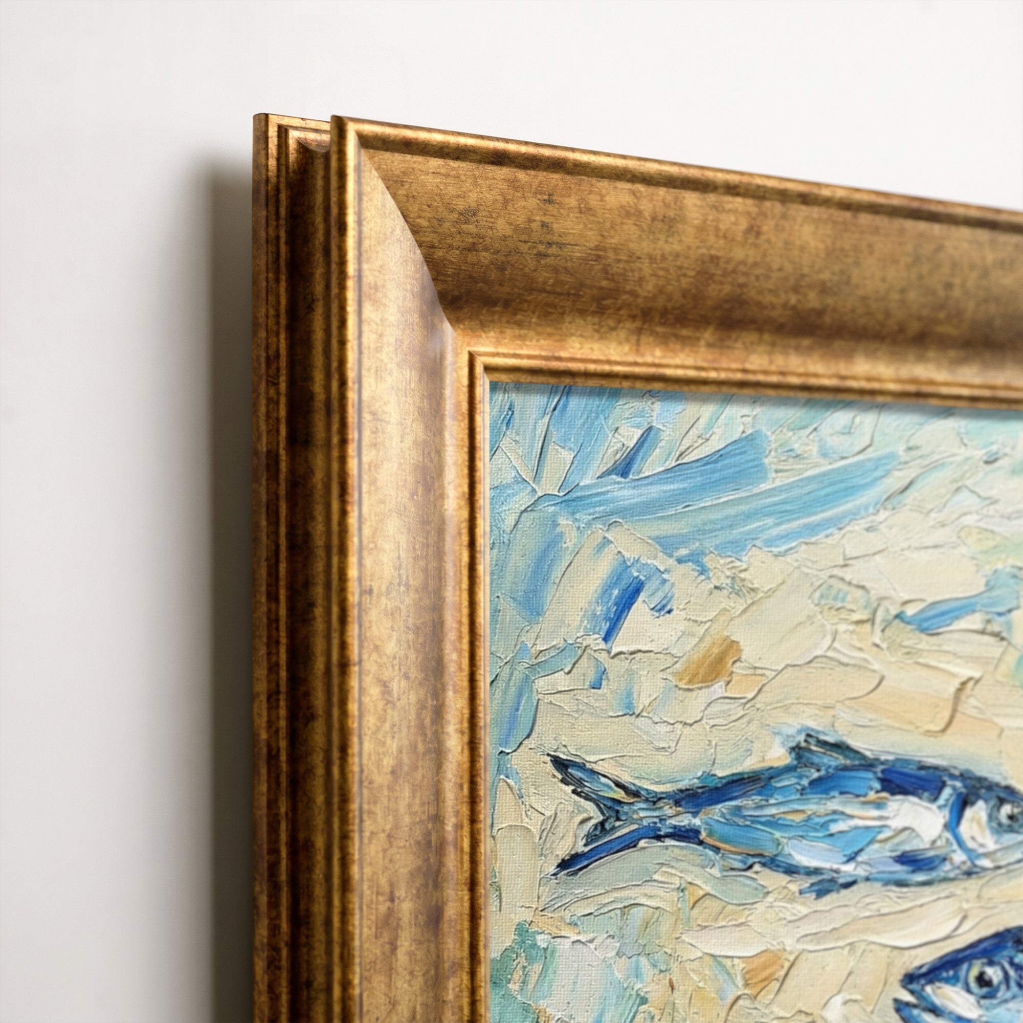 Blue Fishes Impasto Framed Canvas Print