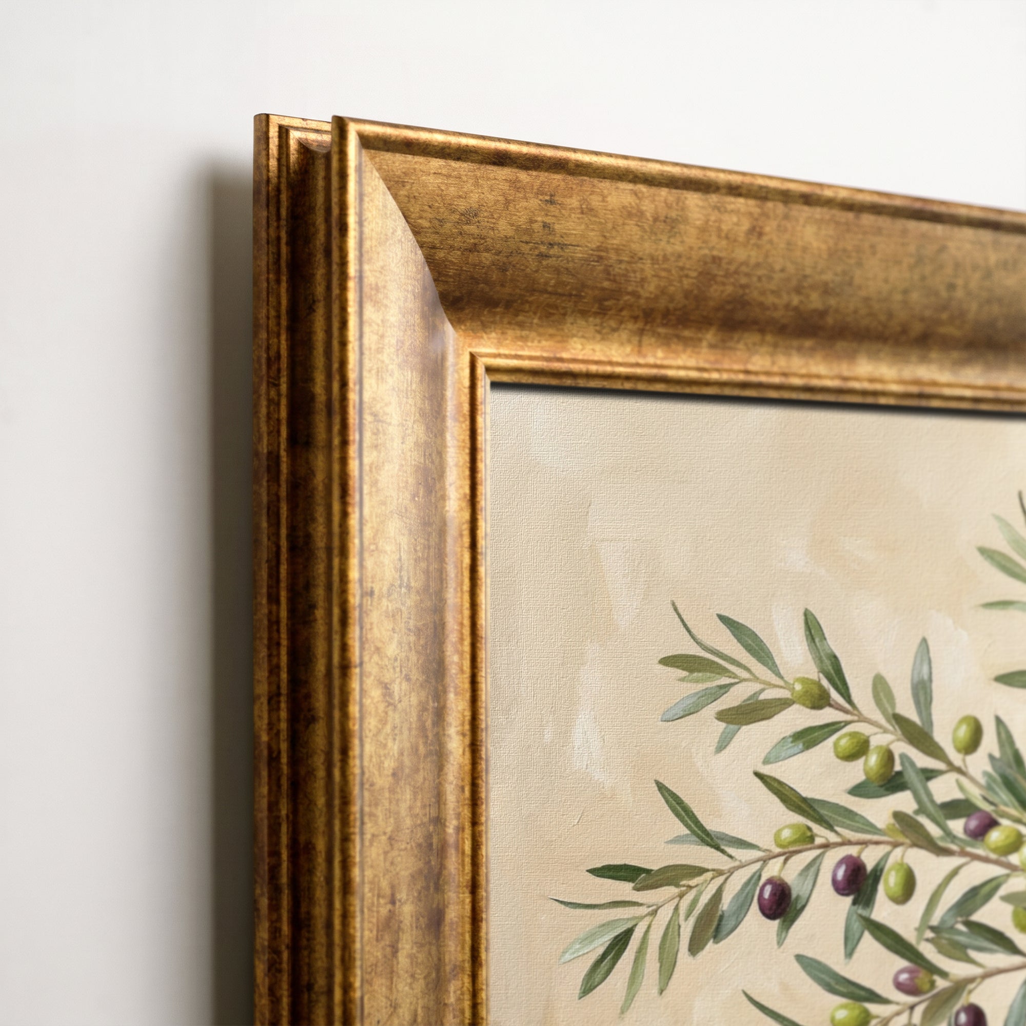 Olive Branches and Striped Vase Framed Canvas Print