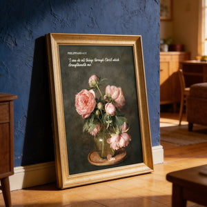 Pink Peonies Still Life scripture canvas print in a gold frame leaning against a dark green wall