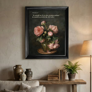 Pink Peonies Still Life scripture canvas print in a black frame above a wooden console with vases