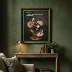 Pink Peonies Still Life scripture canvas print in an olive green frame above a desk with a brass lamp on a green wall