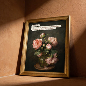 Pink Peonies Still Life scripture canvas print in a gold frame leaning against a terracotta wall