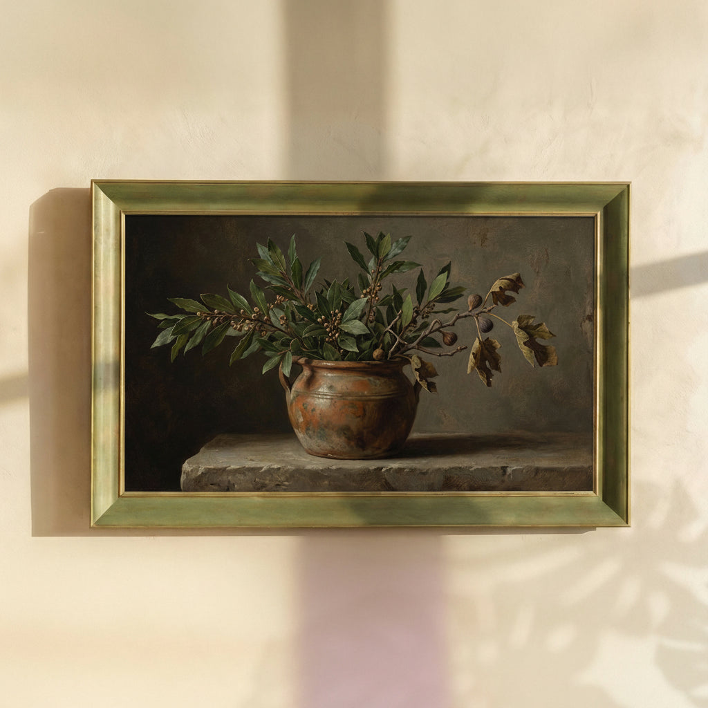 Classic Pot and Leaves Still Life Painting