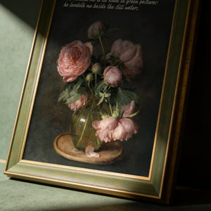 Angled view of the Pink Peonies Still Life scripture canvas print of the olive green frame