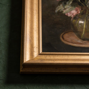 Pink Peonies Still Life scripture canvas print: close-up of the gold frame against a dark green wall
