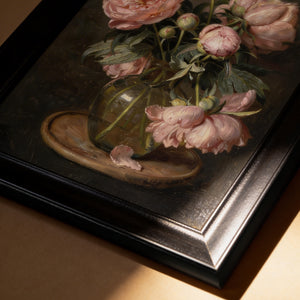 Pink Peonies Still Life scripture canvas print: angled close-up of the black frame in warm light