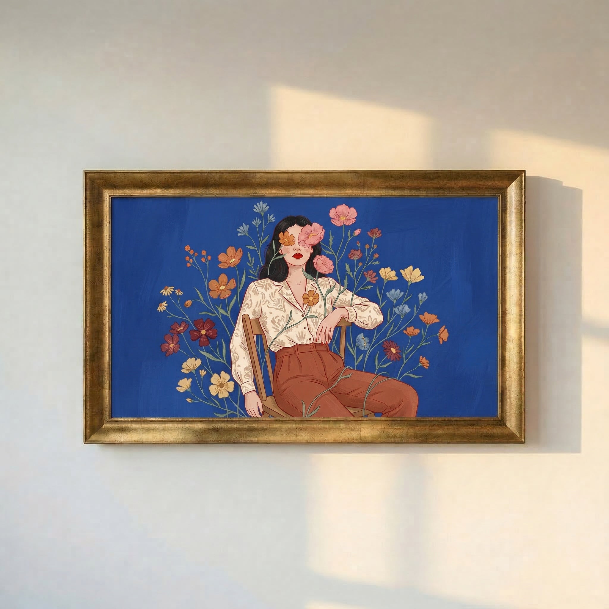 Surreal Flower-Faced Woman Framed Canvas Print