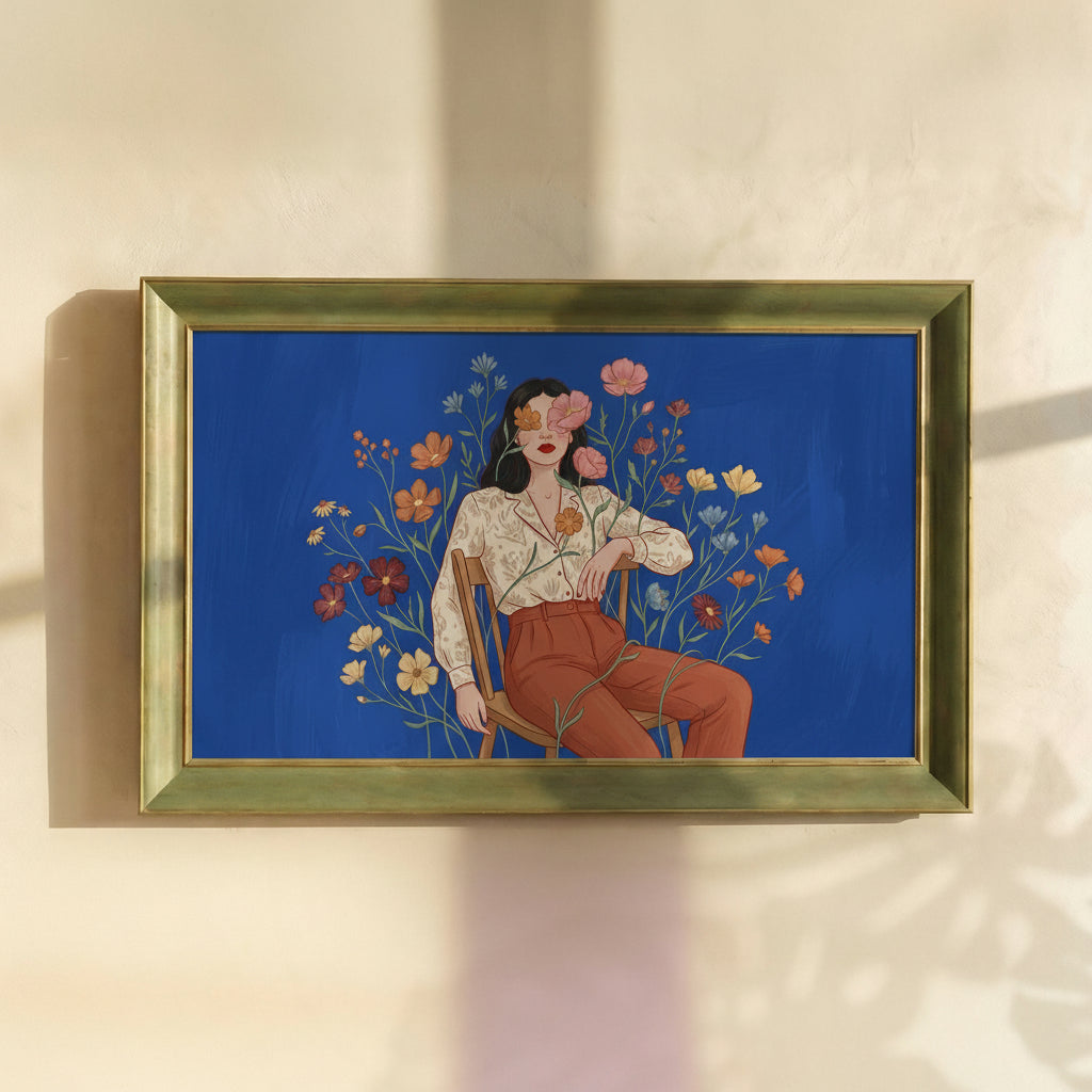 Surreal Flower-Faced Woman Framed Canvas Print