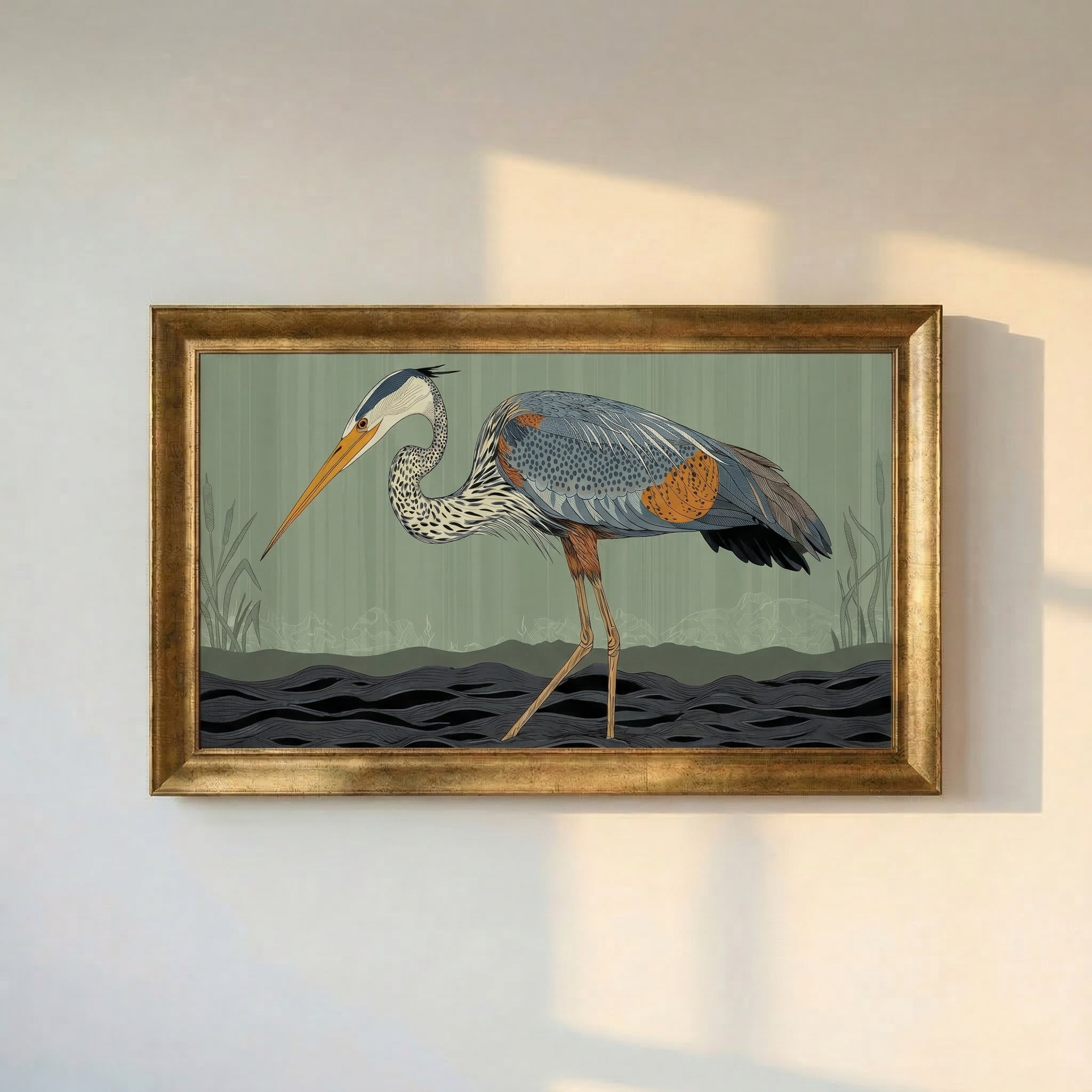 Blue Heron Bird Drawing Framed Canvas Print