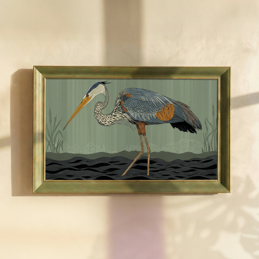 Blue Heron Bird Drawing Framed Canvas Print
